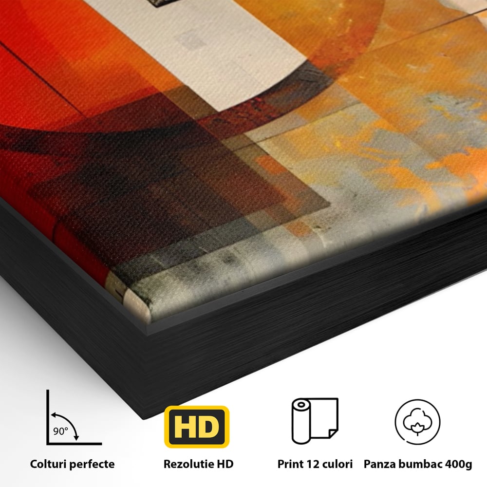 Detaliu al suprafetei: tablou canvas cu compozitie abstracta geometrica, in rama de aluminiu negru